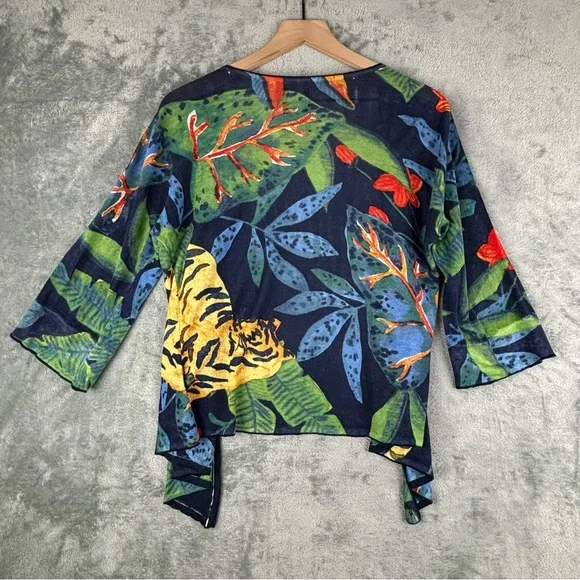 NIC+ZOE Cardigan Sweater Womens M Jungle Print 4-Way Linen Blend Open Waterfall - Picture 10 of 10